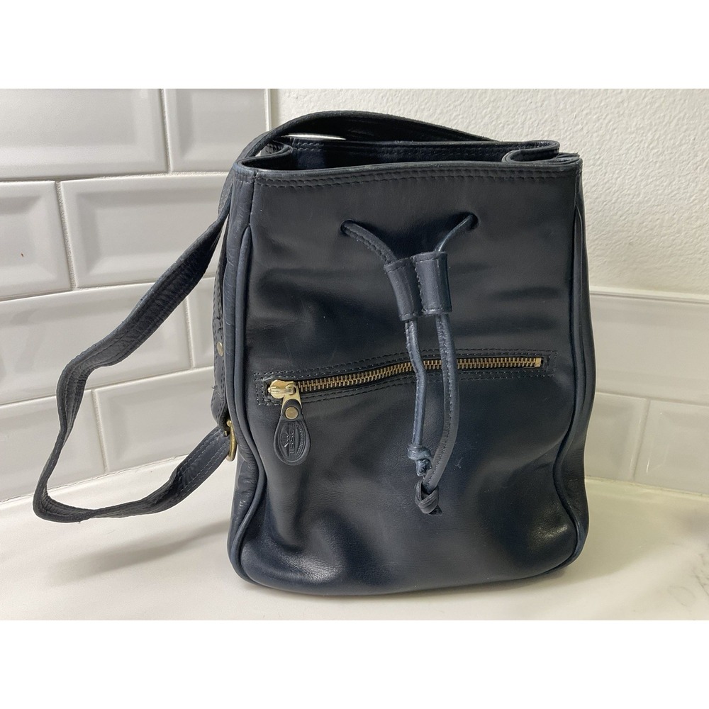 Vtg.Fossil Navy Leather Drawstring Bucket Shoulder Bag Boho Purse